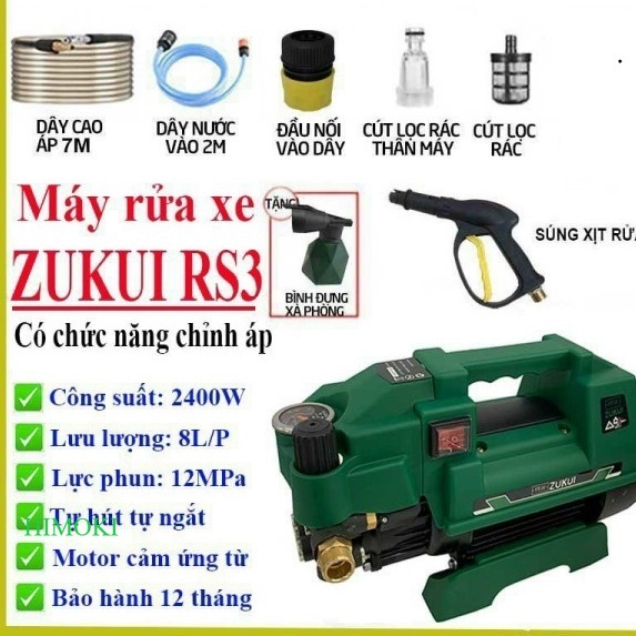 Máy rửa xe chỉnh áp Zukui RS3 2400w/máy rửa máy lạnh/ tặng bình xà phòng CHÍNH HÃNG ĐL himoki