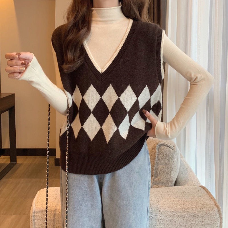 Áo len Gile cổ chữ V hoạ tiết Kim cương phong cách Học sinh 7572