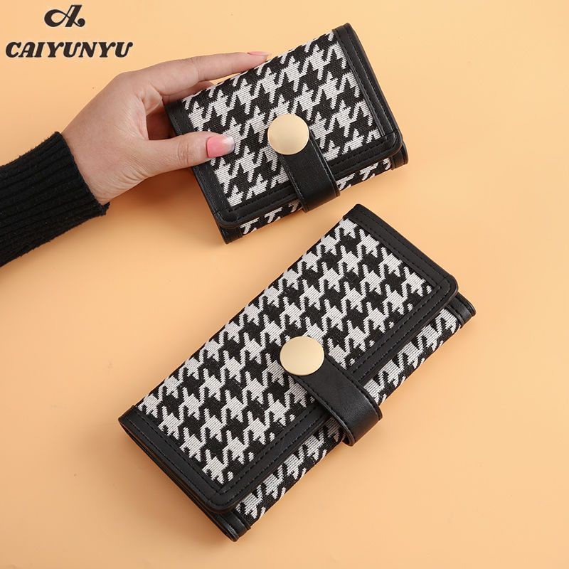 Ví dài CAIYUNYU gập ba đa năng dáng ngắn họa tiết houndstooth thời trang cho nữ