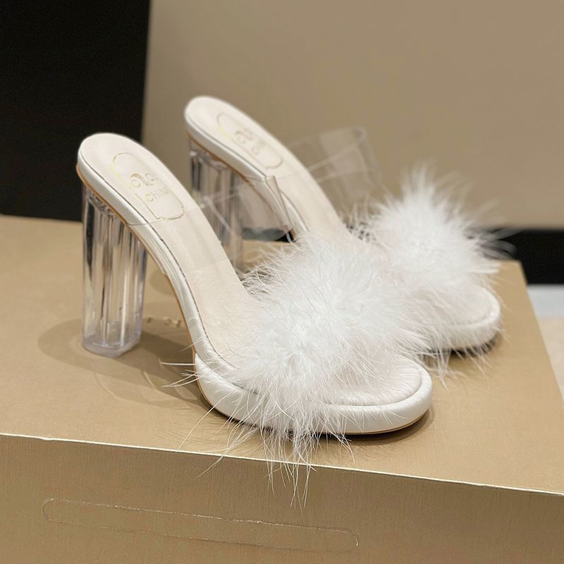 Dép Cao Gót Quai Ngang Trong Suốt Đính Lông Vũ Thời Trang Cho Nữ 02732