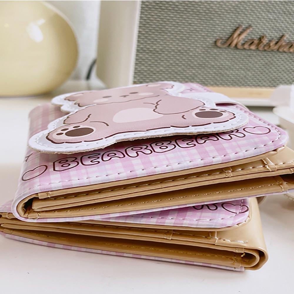 Yunhi Ví Ngắn Bằng Da pu Siêu Nhẹ Có Ba Ngăn Đựng Thẻ Và Kẹp Hình Gấu Nhỏ Cho Nữ