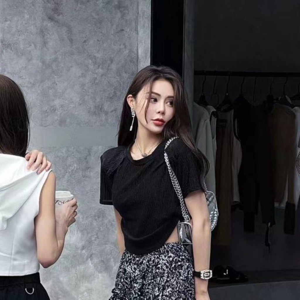 Bộ Áo Ngắn Tay Ôm Dáng + Chân Váy Hoa Lưng Thun Xẻ Tà Xinh Xắn Dành Cho Nữ