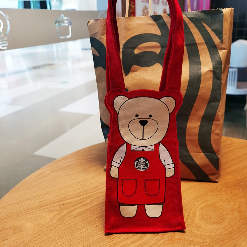 Túi canvas In Hình Gấu Hoạt Hình 2021 Đài Loan starbucks Màu Xanh Lá Đỏ Đen Thân Thiện Với Môi Trường
