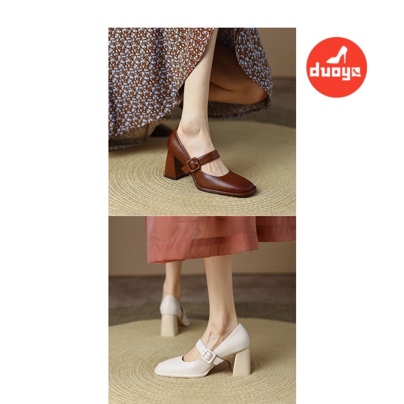 Nhà máy duoya tóc thẳng ~  giày đơn nữ bơm gót dày giày cao gót màu nâu dây đeo phẳng giày mary jane miễn phí vận chuyển