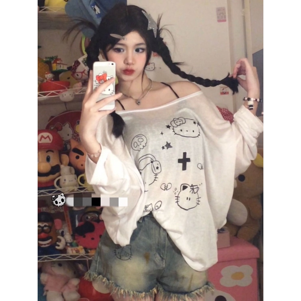 Tencel Áo Kiểu Vải cashmere Mỏng Tay Dài Dáng Rộng In Hoạt Hình Mèo kt Kiểu Nhật Bản Dễ Thương Cho Nữ