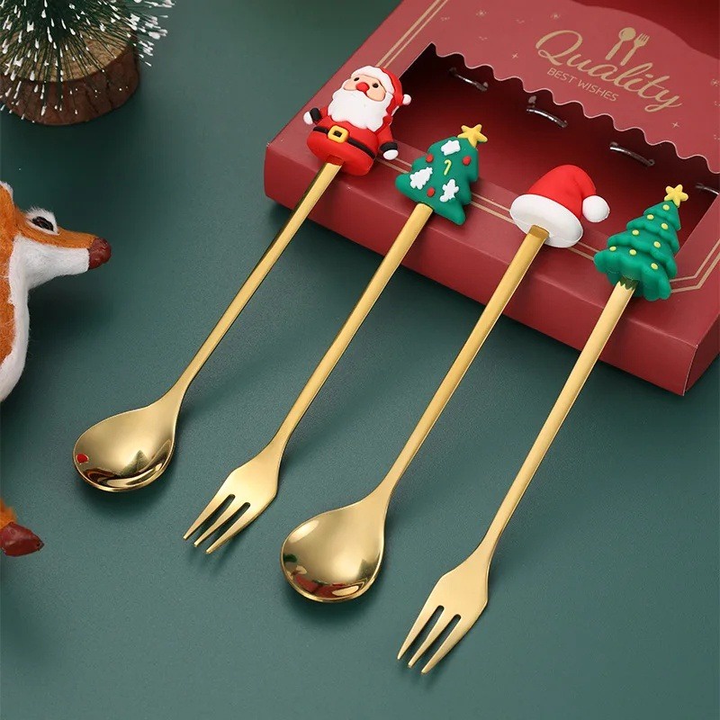Bộ Muỗng Nĩa / Nĩa Inox Hình Ông Già Noel Dễ Thương
