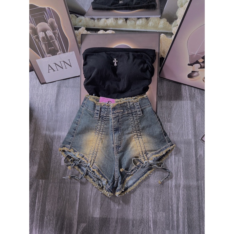 Set áo cúp chữ thập nhún sườn có mút và quần short jean co giãn xanh dơ rút dây 2 bên