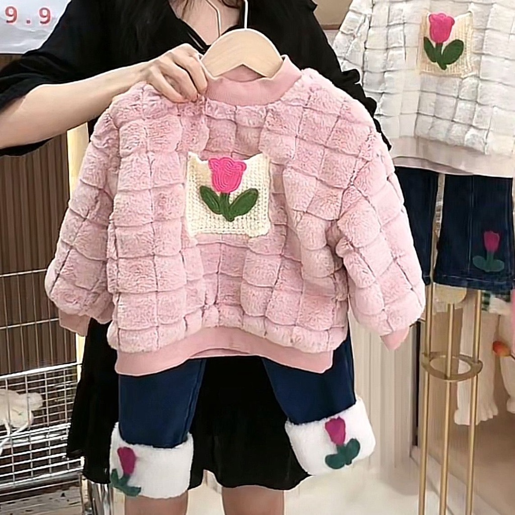 Bộ Áo Nỉ Kèm Quần jeans Lót Lông Cừu Phong Cách Hàn Quốc Thời Trang Thu Đông 2023 Cho Bé Gái