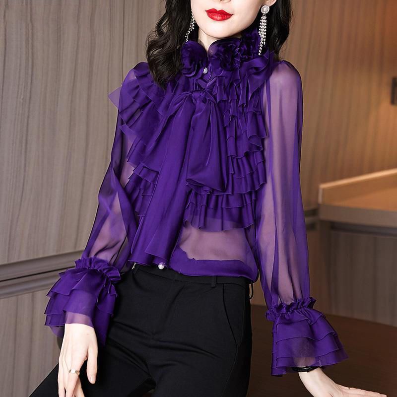 Áo Sơ Mi Voan Phối Bèo Thắt Nơ Xinh Xắn Thời Trang Cho Nữ