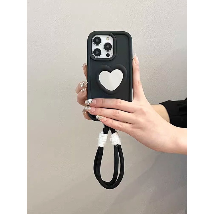 Ôp Điện Thoại Silicon Dẻo Màu Đen Kèm Gương & Dây Đeo & Dây Đeo Cho iphone 15 14 11 12 13 pro max x xr xsmax 7 8 plus Ốp