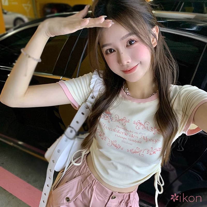 Áo Croptop Tay Ngắn Cổ Tròn In Chữ Rút Dây Phong Cách Hàn Quốc Thời Trang Cho Nữ