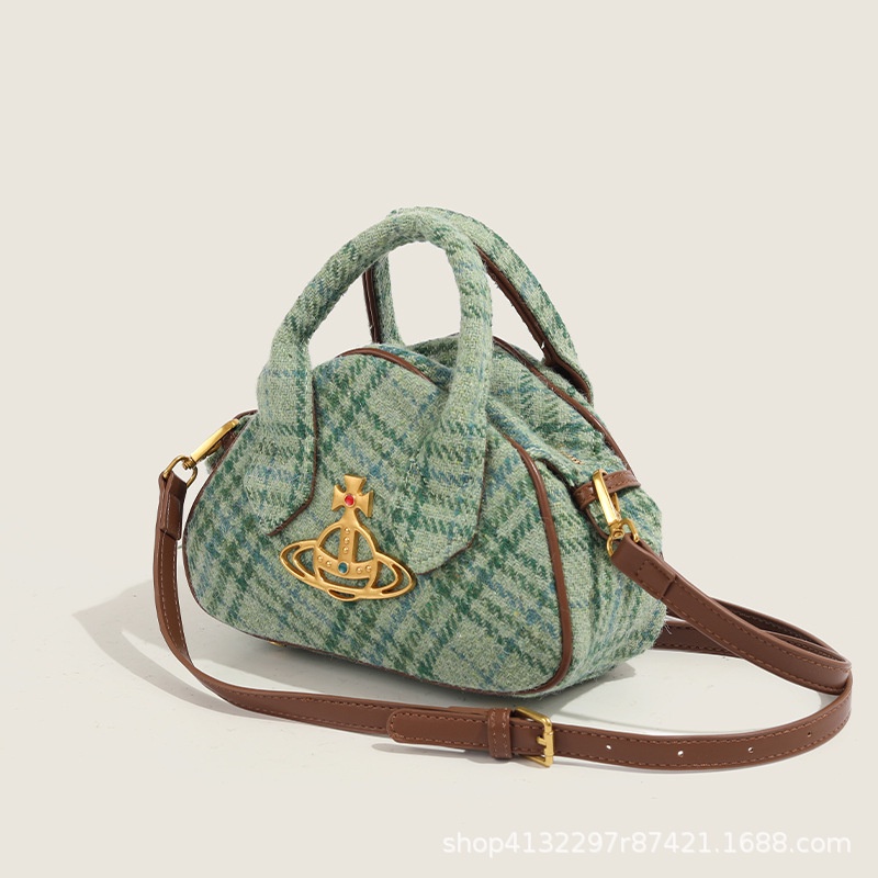 Túi Len Đeo Chéo Vai Họa Tiết Caro Màu Xanh Lá Cây Trẻ Trung Hợp Thời Trang