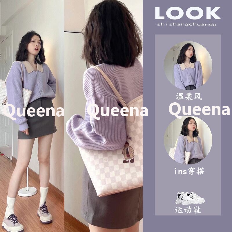 Queena Áo Len áo khoác cardigan Thời trang Korean Thể thao Vintage WMY2300HHR 42Z231018