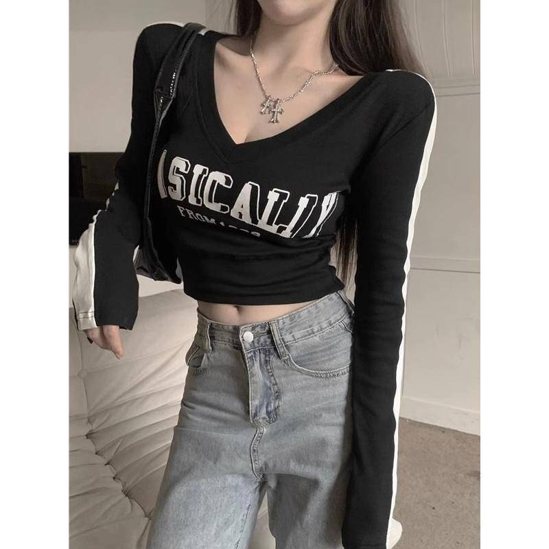 Áo Thun Tay Dài Cổ Chữ v Ghép Màu Tương Phản Phong Cách Mới Mùa Xuân Thu 79 House