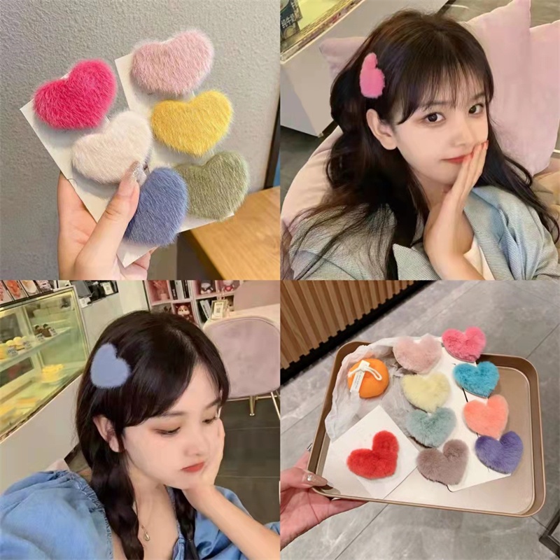 Kẹp Tóc bb Hình Trái Tim / Ngôi Sao Phủ Lông Mềm Mại Phong Cách Hàn Quốc Dễ Thương Cho Nữ