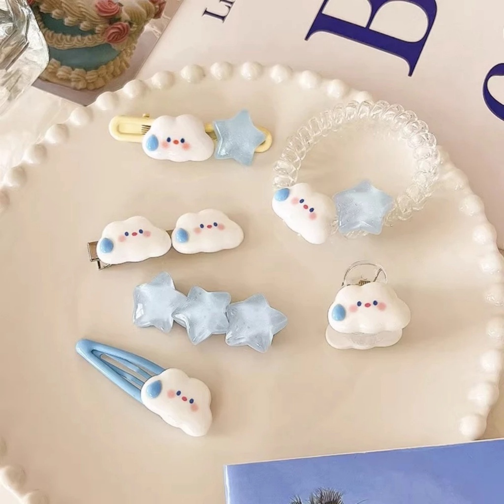 PVN61571 Set 8 Kẹp , 1 Dây Buộc Tóc Hình Đám Mây / Ngôi Sao / Đám Mây Xanh Dương Dễ Thương Cho Bé Gái T2