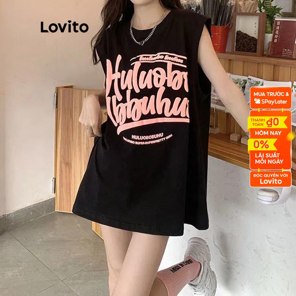 Áo thun Lovito không tay cổ tròn có đệm vai họa tiết chữ thường ngày cho nữ L49AD011 (Màu đen)