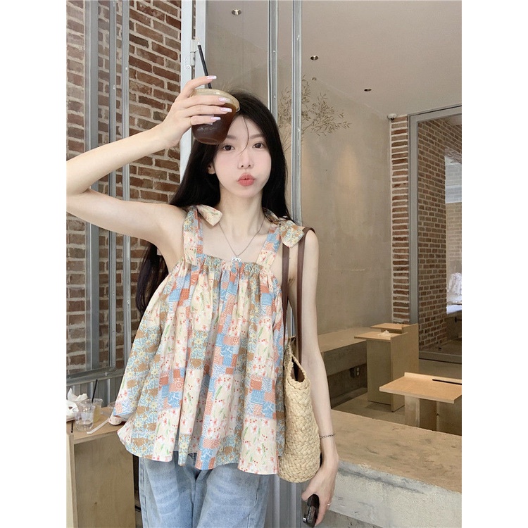 Áo Hai Dây Dáng Ôm Ngắn In Họa Tiết Thời Trang Mùa Hè Pháp 2023 Cho Nữ