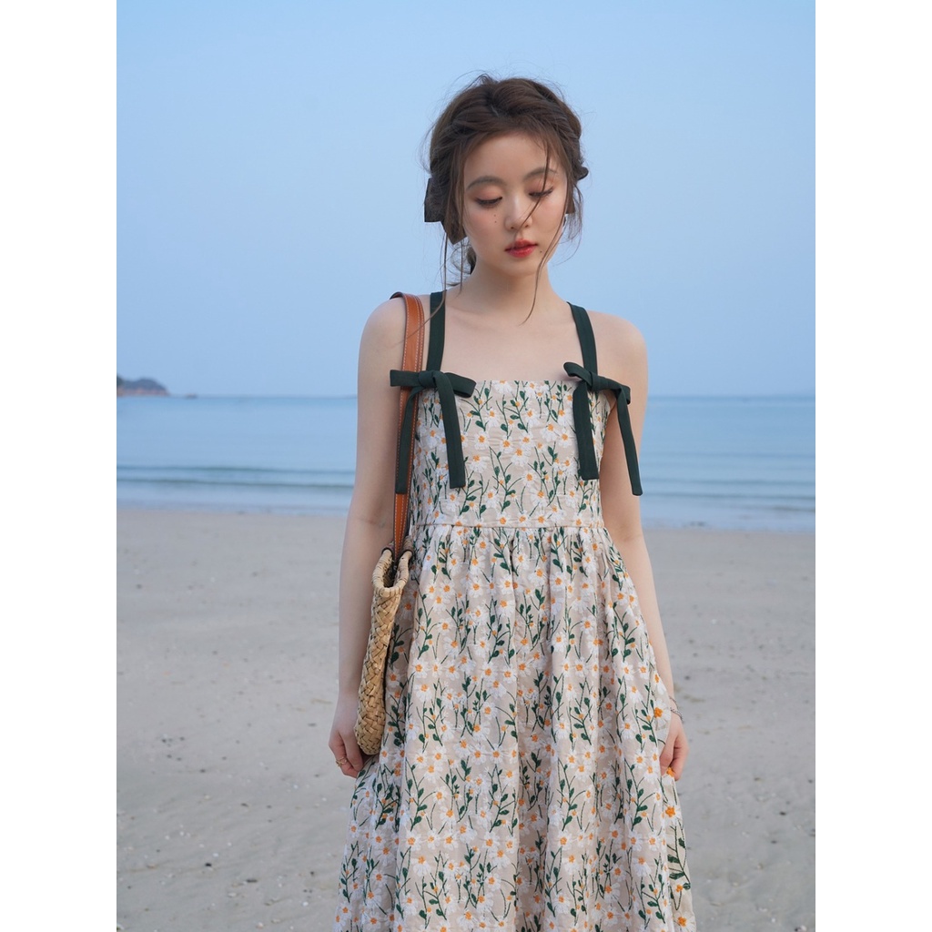 Đầm Hai Dây Cổ Vuông Họa Tiết Hoa Cúc Phong Cách Nhật Bản Thời Trang Mùa Hè Xinh Xắn Cho Nữ