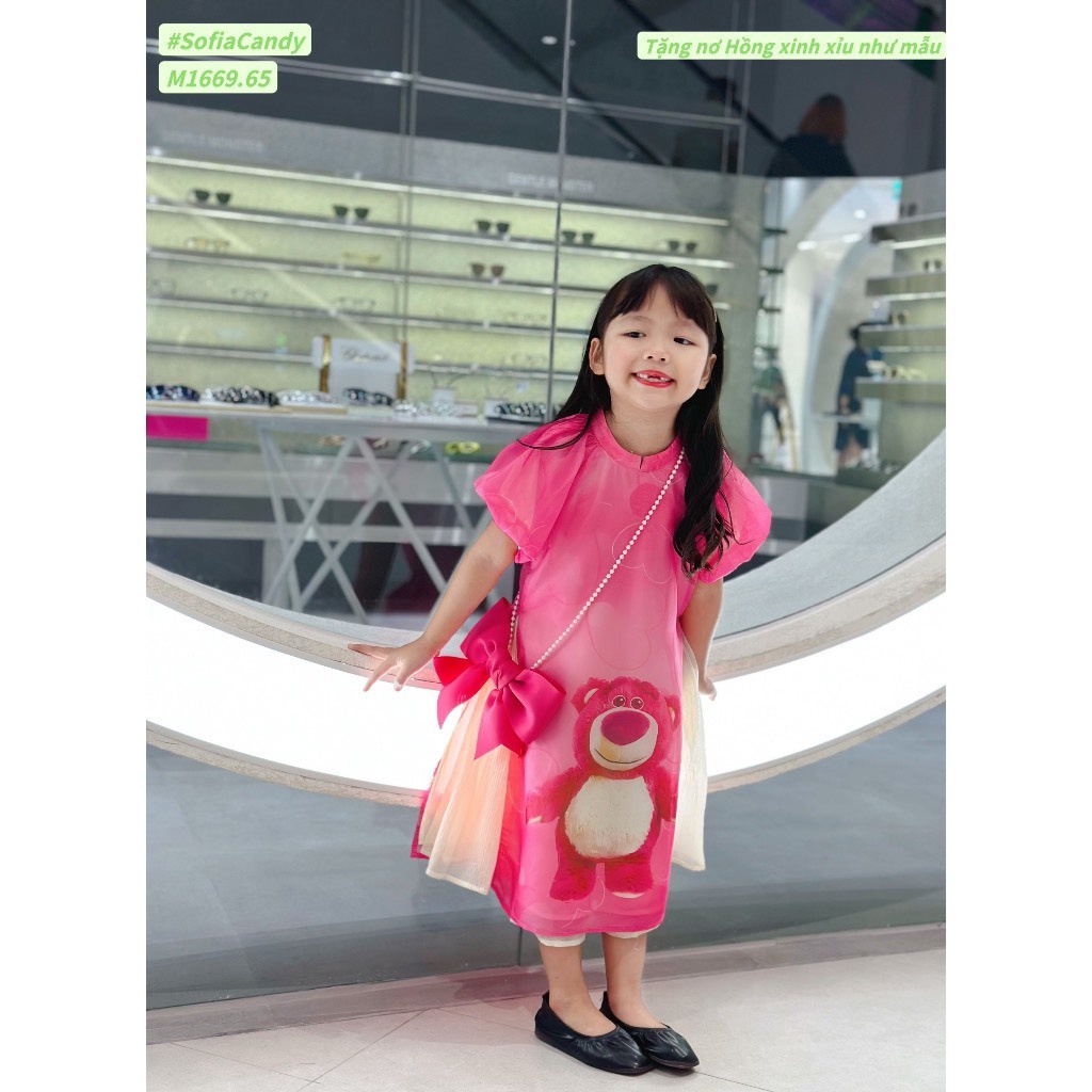 Áo dài gấu dâu lotso chất liệu tơ óng 2 lớp mềm mịn cho bé xinh