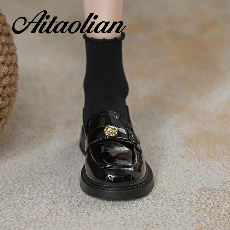 Giày Cao Gót 3.5cm Chất Liệu Da Đế Bằng Mũi Tròn Phong Cách mary jane retro Cho Nữ