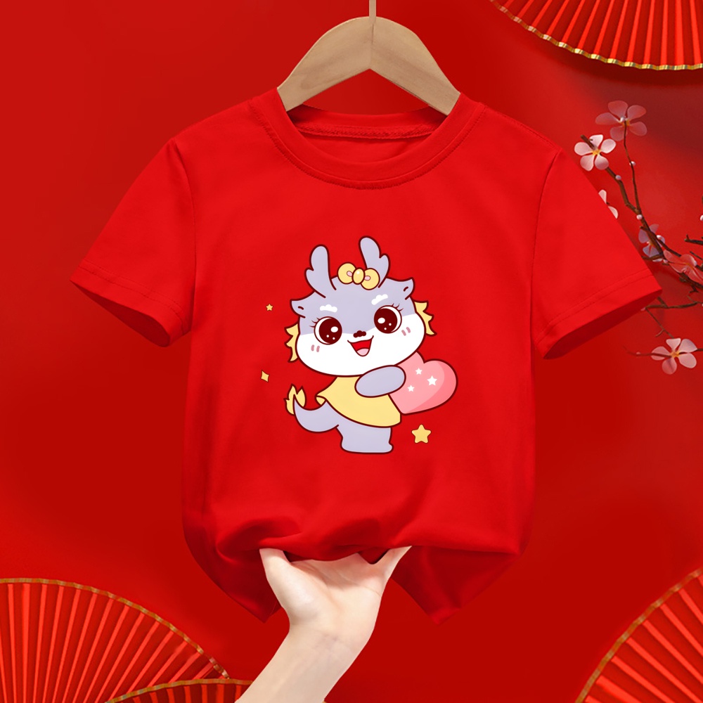 2024 Năm Rồng Áo Sơ Mi Bé Gái Bé Trai CNY Áo Thun 1-12 Tuổi Hoạt Hình Trẻ Em Áo Đỏ Thường Ngày Áo Sơ Mi Năm Mới