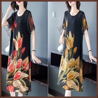 Đầm tay ngắn cổ tròn dáng rộng in hoa xinh xắn cho nữ