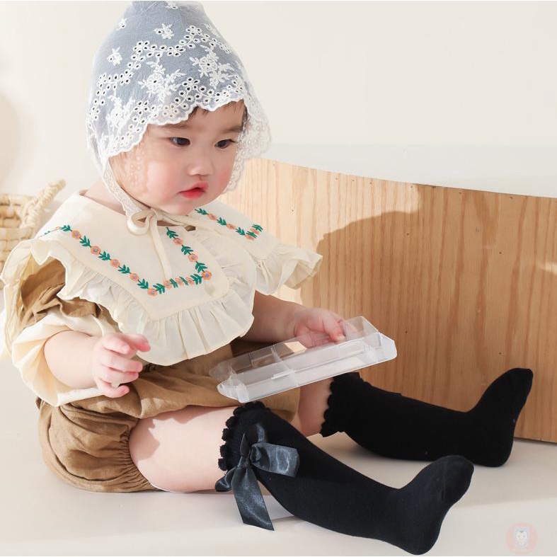 Vớ cotton Cao Đến Đầu Gối Màu Trơn Đính Nơ To Dễ Thương Dành Cho Bé Gái laa6-baby