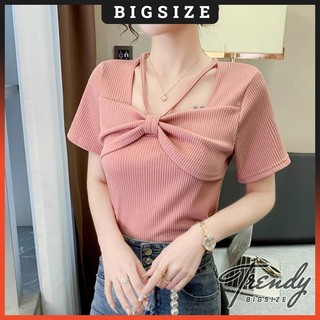 Áo Thun Gân Tăm Bigsize Nữ Tay Ngắn Cách Điệu Phối Nơ, Áo Phông Kiểu Thời Trang TRENDY Big Size 50-95kg