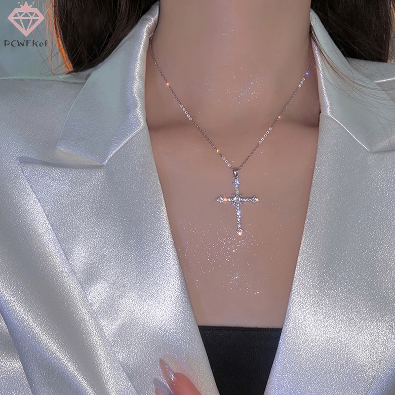 Vòng cổ choker Mặt Thánh Giá Đính Đá Zircon Màu Bạc Thời Thượng Cho Nữ Mới