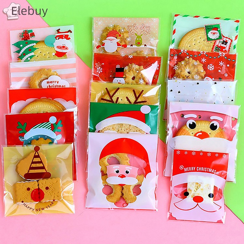 Set 100 Túi Nhựa Đựng Bánh Kẹo Họa Tiết Giáng Sinh