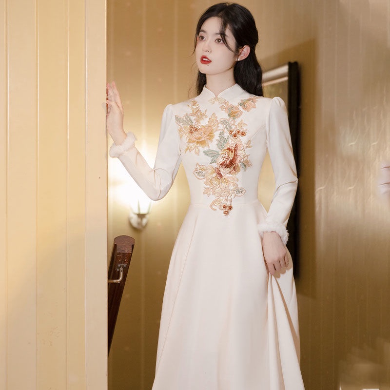 Đầm Sườn Xám Trung Hoa Mỏng Kiểu Mới Mùa Đông Cho Nữ