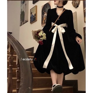 Sxi Đầm Midi Tay Dài Thắt Nơ Phong Cách Pháp Thời Trang Thu Đông Xinh Xắn Cho Nữ