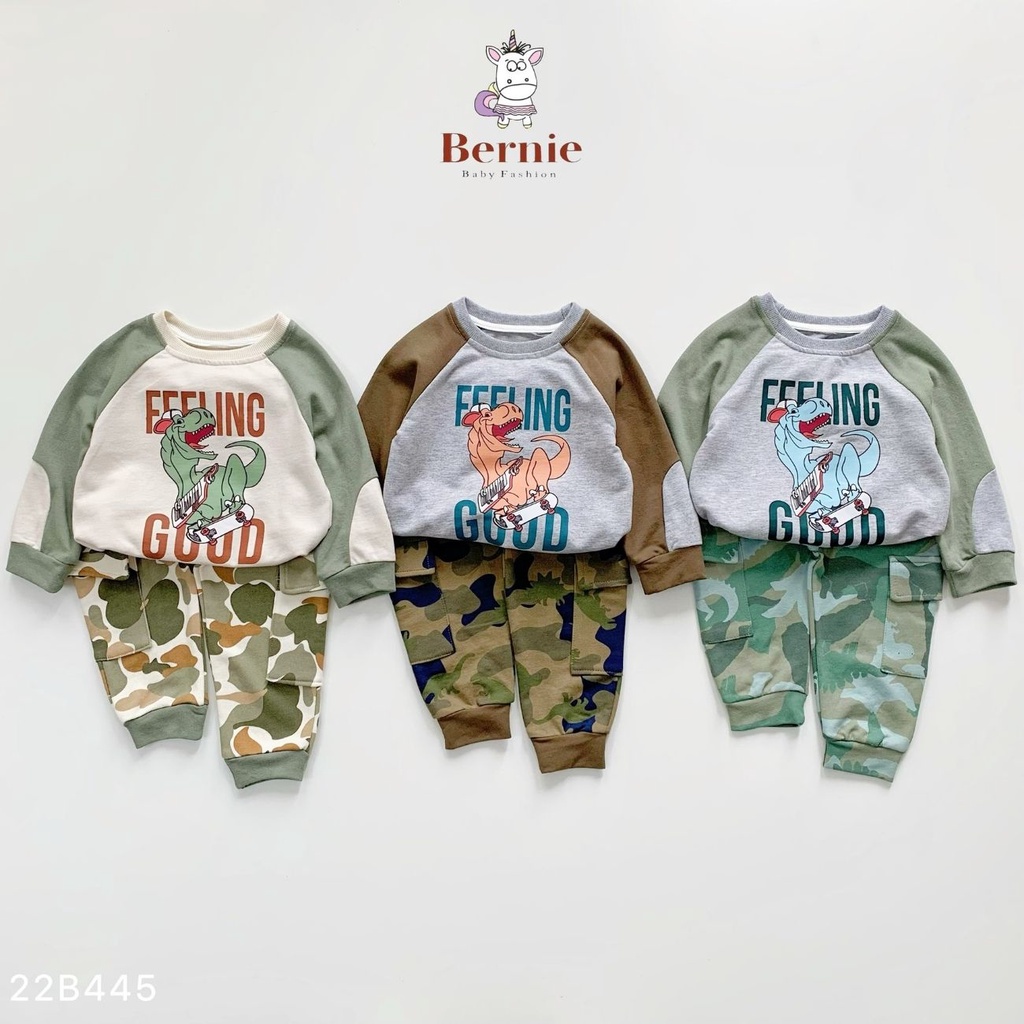 Bộ dài tay bé trai chất nỉ da cá họa tiết khủng long loang màu phong cách 1 đến 7 tuổi BERNIE kids
