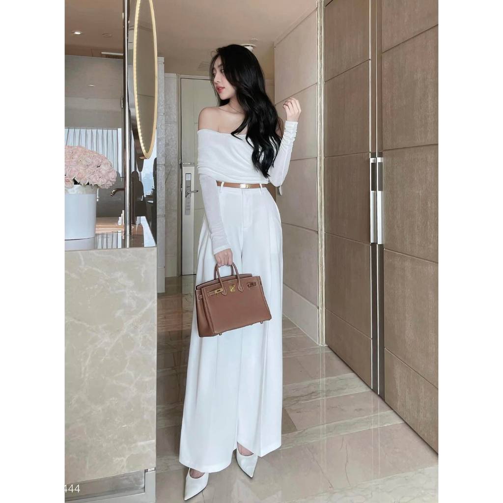 Áo thun ánh kim đắp chéo trễ vai tay dài 2 màu siêu sang chảnh