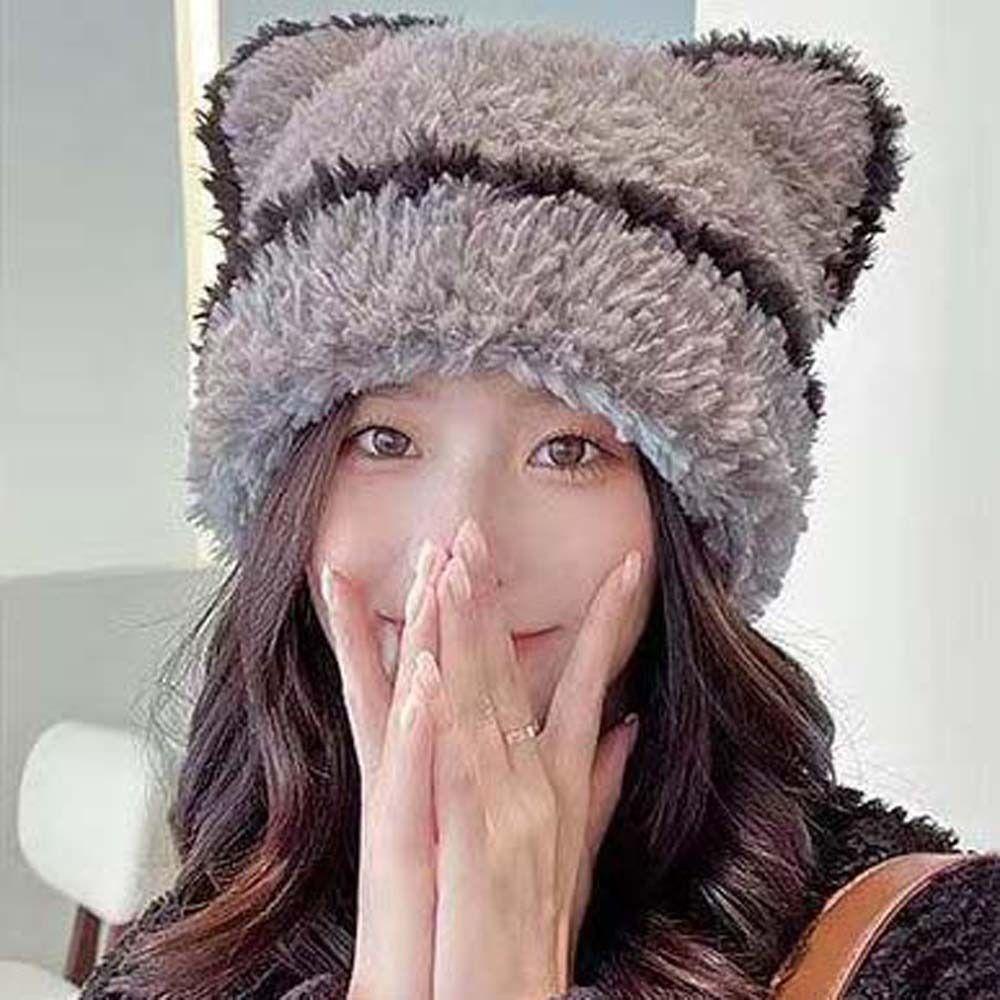Desmond Mũ Len Dày Ấm Áp Mùa Thu Đông Hình Tai Mèo / Đầu Lâu Kẻ Sọc Phối Lông Thanh Lịch Dễ Phối Đồ