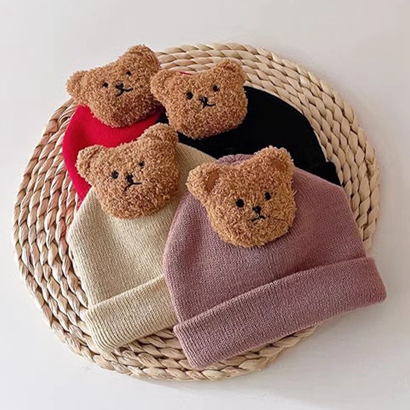 Mũ Dệt Kim Mềm Mại In Họa Tiết Gấu Hoạt Hình Đáng Yêu Giữ Ấm Mùa Đông Cho Bé Trai Và Gái
