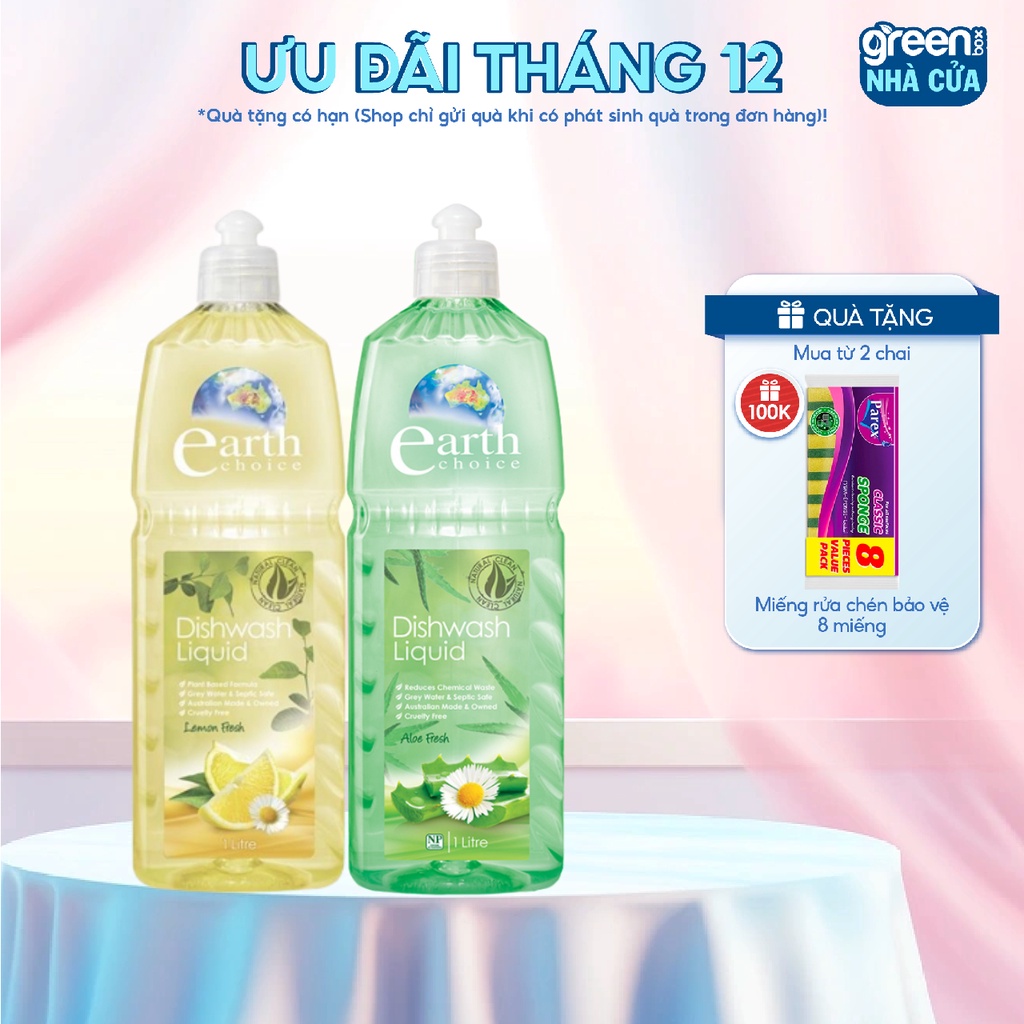 Combo 2 Nước Rửa Chén Hương Chanh + Nha Đam EARTH CHOICE An Toàn Với Cả Đồ Dùng Ăn Uống Của Bé Dung Tích 1L