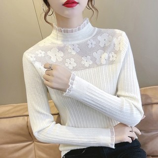 Áo Len Cổ Lọ Phối Ren Hoa Mềm Mại Và Đáng Yêu Cho Nữ