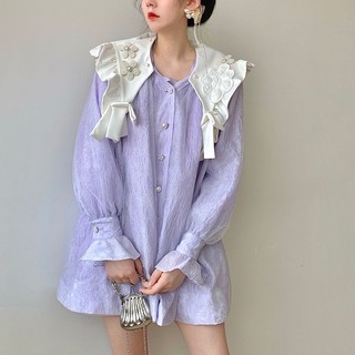 Đầm Sơ Mi Chữ a Tay Dài Cổ Búp Bê Màu Tím Thời Trang Mùa Thu 2023 Cho Nữ