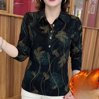 Áo Thun polo Tay Dài In Họa Tiết Thiết Kế Mới Thời Trang Thu Đông Cho Nữ Trung Niên