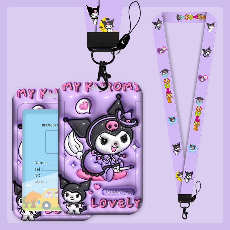 Bộ hộp đựng thẻ 3D Phim hoạt hình Dây buộc & Thẻ tên Kuromi Id Card Case