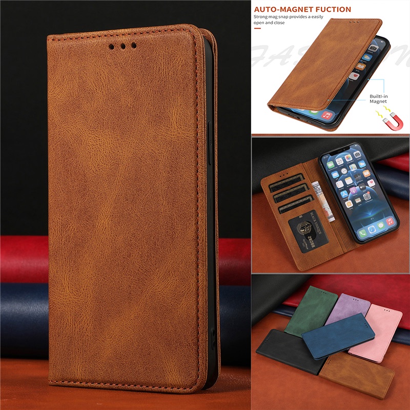 Thời Trang Bao Da Điện Thoại Nắp Lật Nam Châm Có Ngăn Đựng Thẻ Cho redmi note 13 note13 pro plus red