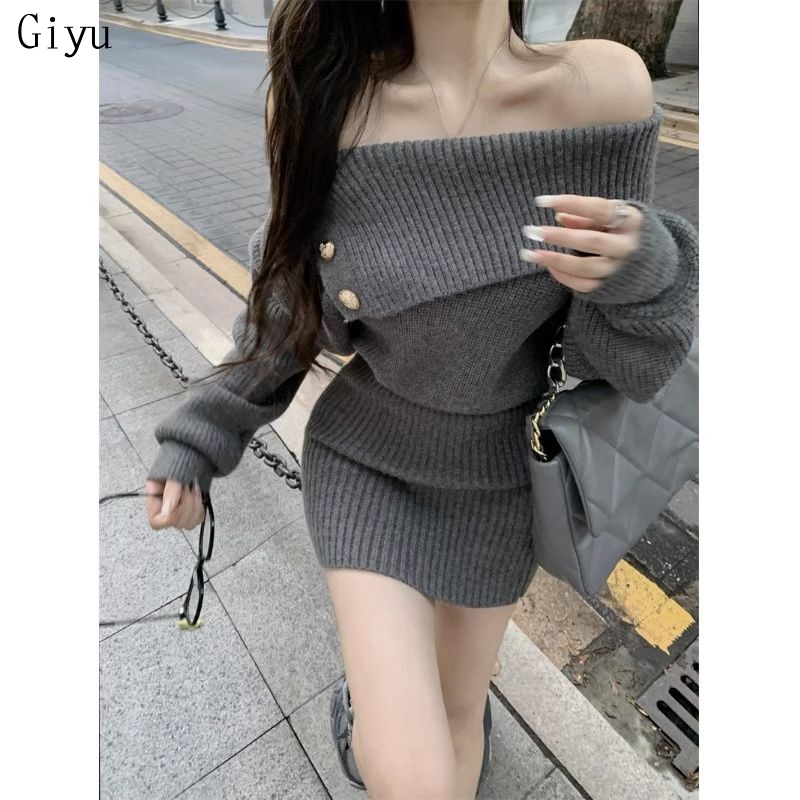 Giyu váy len Đầm Body đầm dự tiệc Cổ điển Korean thời trang INS WLQ23C0AYJ 50Z231214
