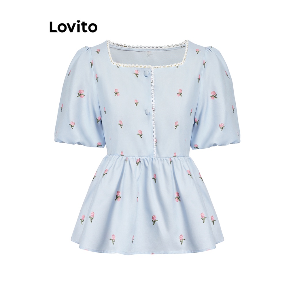 Áo kiểu Lovito tay phồng cổ xếp nếp lai bèo xếp nếp đính nút hoa nhí dễ thương cho nữ L73AD004 | BigBuy360 - bigbuy360.vn