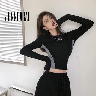 Áo thun nữ JUNNOVGAL Màu sắc tương phản dài tay Slim Fit Faction Phong cách mới
