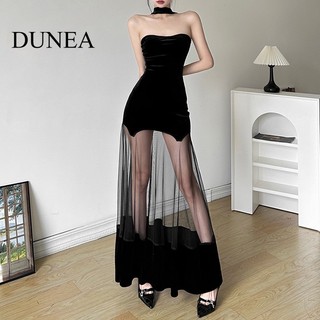 DUNEA Đầm Nhung Trễ Vai Phối Màu Thời Trang Cho Nữ