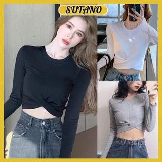 Áo croptop, áo thun nữ,áo kiểu nữ dài tay cổ tròn croptop xoắn eo chất thun tăm co giãn A765 SUTANO