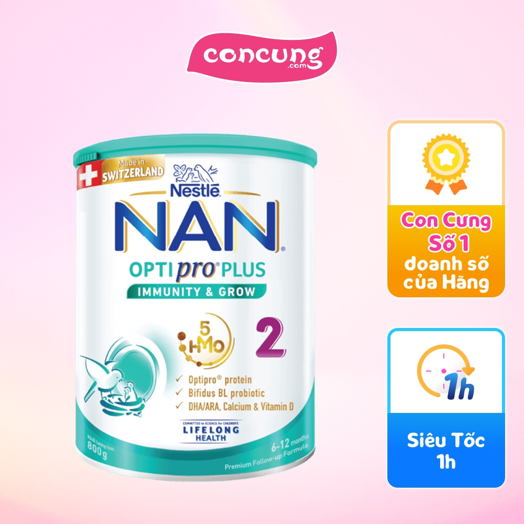 Sữa Nan Optipro PLUS 2 800g, với 5HMO, sản xuất tại Thụy Sỹ (6-12 tháng)