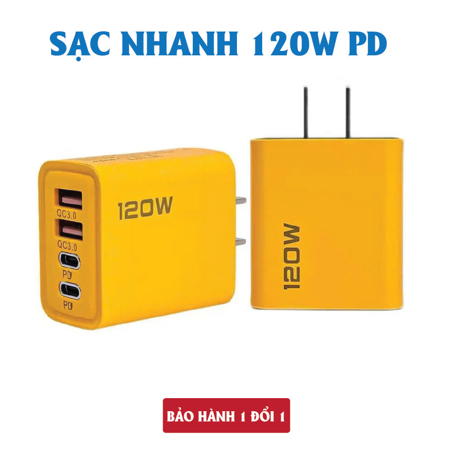 Củ sạc nhanh 4 cổng, 120W gồm: 2 cổng Type C + 2 cổng USB. Bộ sạc nhanh 4 trong 1, Cáp sạc nhanh 3 in 1